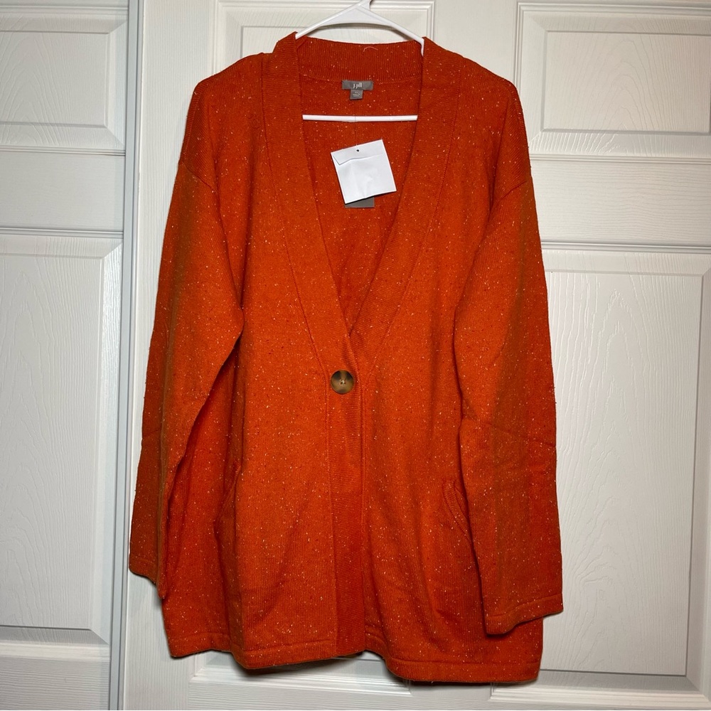 J Jill Cotton Blend Single Button V-neck Tweed Cardigan Orange Squash size XL